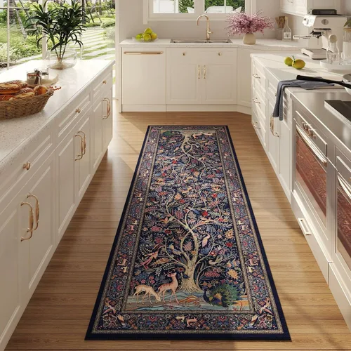 Miniatura 12 de Rugcomf Alfombra de pasillo lavable para cocina 2'6''x8' Alfombra de pasillo para entrada interior floral antideslizante alfombra suave para Azul