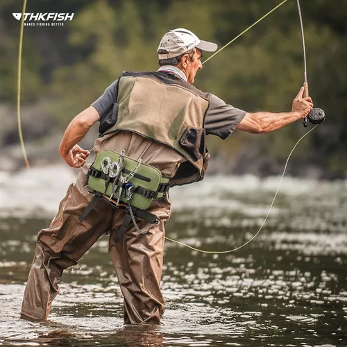 Miniatura 9 de THKFISH Riñonera de pesca impermeable con soporte para caña de pescar, cierre hermético con cremallera, bolsa ligera para pesca con mosca Verde