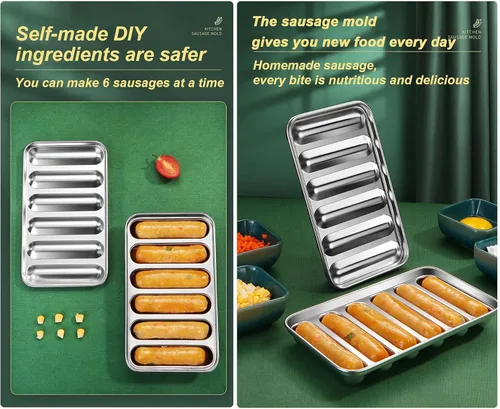 Miniatura 5 de Molde de salchicha de acero inoxidable con 6 cavidades para perros calientes caseros, molde antiadherente para perritos calientes para horno