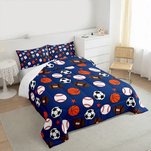 Miniatura 6 de Homewish Juego de edredón de juegos deportivos de pelota, tamaño twin, juego de ropa de cama de béisbol y baloncesto, 2 piezas para niños