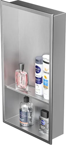 Nicho de ducha de acero inoxidable de 24 x 12 pulgadas, cepillado, no necesita azulejos, nicho de pared con estantes dobles, estante de ducha