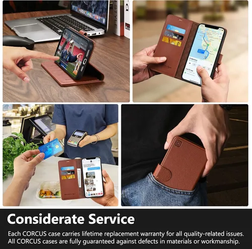 Miniatura 8 de Funda tipo cartera para iPhone 13 Pro Max de 6.7 pulgadas, con bloqueo RFID, tarjeteros, función atril, cierre magnético, de piel sintética, Coñac