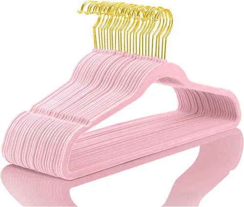 Miniatura 23 de MIZGI Perchas de terciopelo prémium (paquete de 50) resistentes y antideslizantes, perchas de terciopelo rosa rubor - ganchos dorados, perchas