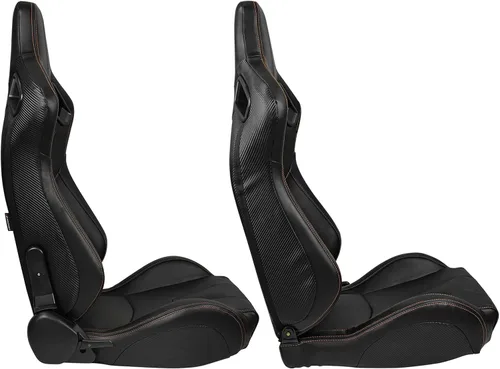 Miniatura 3 de IKON MOTORSPORTS, Par de asientos universales de carreras con deslizadores dobles, color negro con puntada naranja PU y cuero de carbono