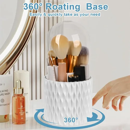 Miniatura 4 de WAFJAMF Organizador de brochas de maquillaje con tapa, organizador giratorio de 360 grados para tocador y baño, 5 ranuras para brochas de Blanco