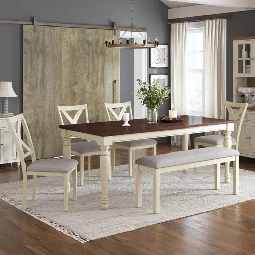 Miniatura 10 de AMERLIFE Juego de mesa de comedor de 6 piezas estilo granja, mesa de madera maciza de 152 cm con 4 sillas tapizadas y banco, asientos cómodos