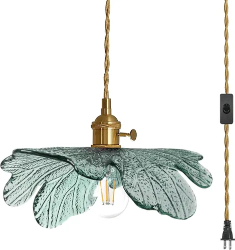 Miniatura 14 de Luz Colgante Enchufable de Cristal Verde Iluminación Colgante de 14.75 pies Luz Colgante con Cable de Enchufe 1-Luz Lámpara Colgante de Latón