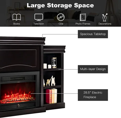 Miniatura 8 de Tangkula Soporte de TV con chimenea de 70 pulgadas, 750 W/1500 W, calentador eléctrico con control remoto, temporizador de 1-8 horas, 5 brillo