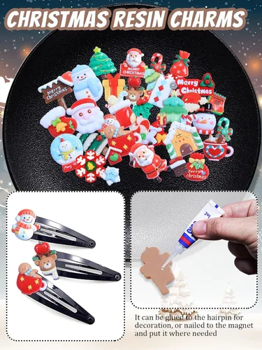Miniatura 7 de 50 dijes de resina de Navidad con parte trasera plana, Papá Noel, muñeco de nieve mixto, campanas de árbol de Navidad, adornos para álbumes