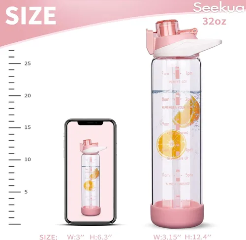 Miniatura 6 de Botella de agua deportiva de vidrio de 32 onzas con popote y marcador de tiempo, botella de vidrio motivacional reutilizable grande para agua Rosa