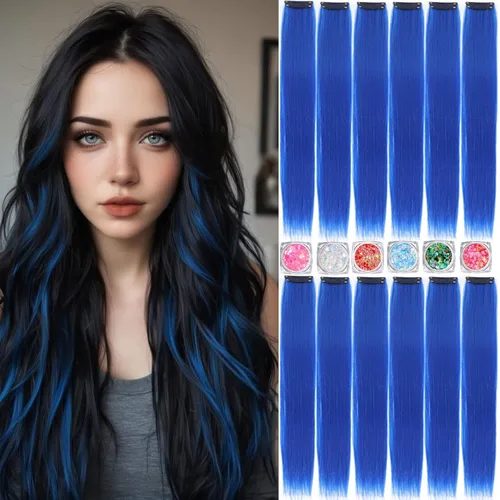 Miniatura 11 de Extensiones de cabello de colores, extensión de cabello liso con clip de 22 pulgadas, extensiones de cabello con brillantina multicolor arcoíris