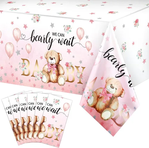 Miniatura 15 de Tegeme Paquete de 6 manteles de plástico con diseño de oso para baby shower, con texto en inglés «We Can Bearly Wait», para fiestas de cumpleaños