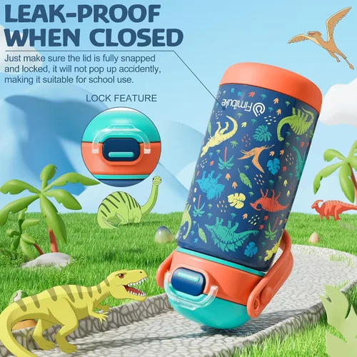 Miniatura 6 de Fimibuke Botella de agua aislada para niños con tapa con pajita y asa - 14 onzas, sin BPA, acero inoxidable 18/8, recipiente de metal, a prueba