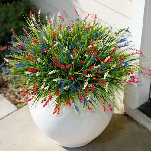 Miniatura 13 de Ammyoo Plantas artificiales de plástico para decoraciones al aire libre, hierba falsa de mono para el porche y patio exterior, plantas verdes Morado
