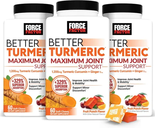 Miniatura 14 de FORCE FACTOR Mejor suplemento de cúrcuma 400mg con pimienta negra y jengibre, apoyo articular de fuerza extra, absorción superior, como gomitas