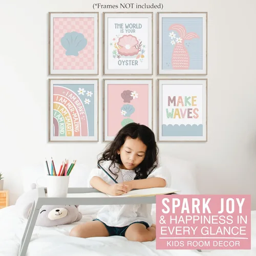 Miniatura 7 de Hadley Designs 6 decoraciones de sirena para habitación de niñas, arte de pared de sirena para dormitorio y baño, impresiones sin marco bajo el mar