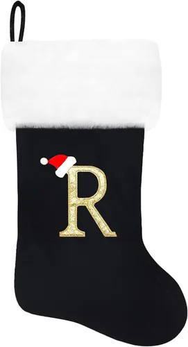 Miniatura 64 de Calcetines de Navidad bordados de 20 pulgadas con monograma, terciopelo negro con puño de felpa blanca supersuave, adornos clásicos para decoración