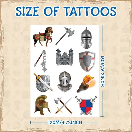 Miniatura 3 de 288 tatuajes temporales medievales de castillo de caballero, corona, castillos medievales, suministros de decoración para niños y adultos, disfraz