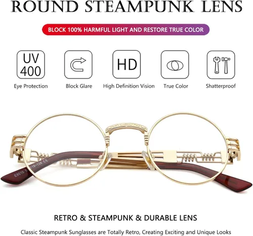 Miniatura 4 de AIEYEZO Gafas de sol redondas steampunk Circle Lennon Hippie, marco de metal, lente de bloqueo UV 100%
