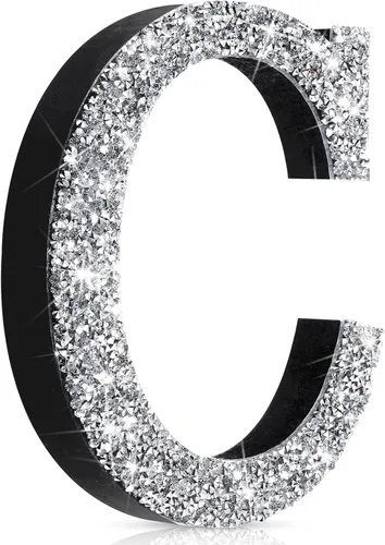 Miniatura 60 de Qunclay Letras brillantes de cristal plateado de 5.7 pulgadas, decoración de diamantes triturados, letra de madera con purpurina con tornillo