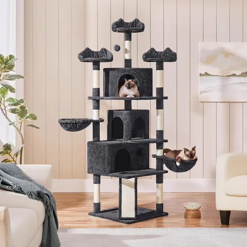 Miniatura 2 de Yaheetech Árbol grande para gatos de 76.5 pulgadas, torre grande para gatos con 3 condominios, perchas de felpa acogedoras, 9 postes rascadores