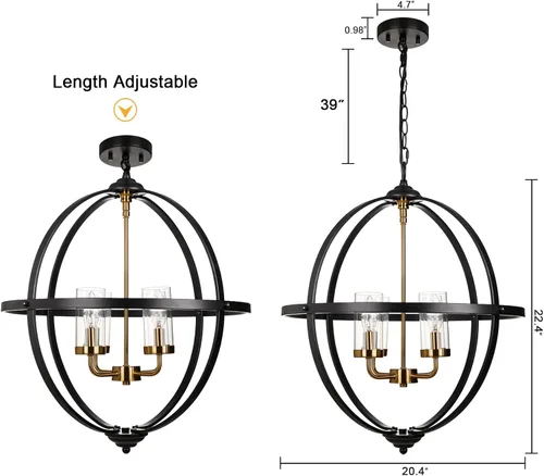 Miniatura 5 de Treekee Candelabro Globo de 20'', Candelabros de Níquel Cepillado, Candelabro Orbe Moderno de 4 Luces, Lujosa Lámpara Colgante con Pantalla
