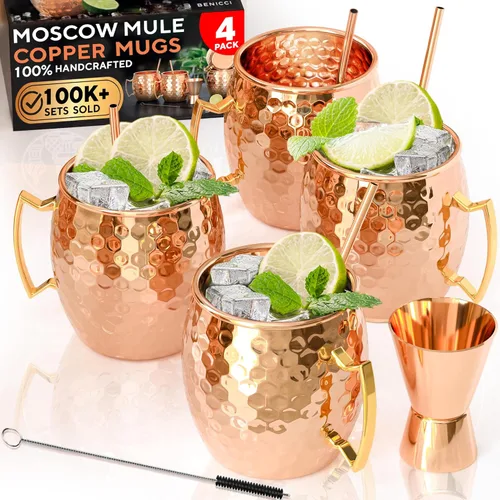 Moscow Mule jarras de cobre - juego de 4 - 100 % ARTESANAL – Jarras de cobre macizo aptas para alimentos - Juego de regalo de 16 onzas con REGALO: