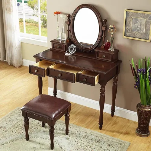 Miniatura 4 de Vintage Vanity Desk with Adjustable Angle Mirror, 39.4 in Wooden Makeup Dressing Table Set for Bedroom with 5 Drawers, Cushioned Stool