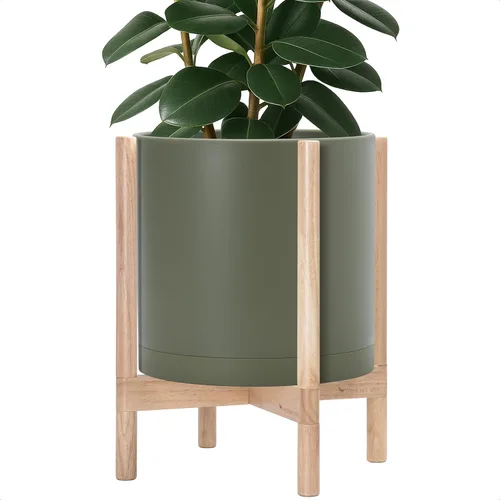 Miniatura 22 de Maceta de D'vine Dev con soporte - Maceta de flores de cilindro de plástico de 8.0 pulgadas con soporte de madera para interiores, maceta mate negra