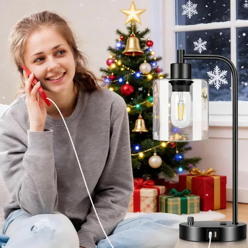 Miniatura 8 de Lámpara de mesa industrial con puertos USB A+C y toma de corriente, lámpara de mesita de noche moderna totalmente regulable, lámpara de escritorio