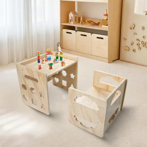 Miniatura 3 de Satisure Juego de Mesa y Silla de Destete Montessori, Juego de Mesa y Silla de Madera para Niños Pequeños, Mesa y Sillas para Niños de 1-3 Años