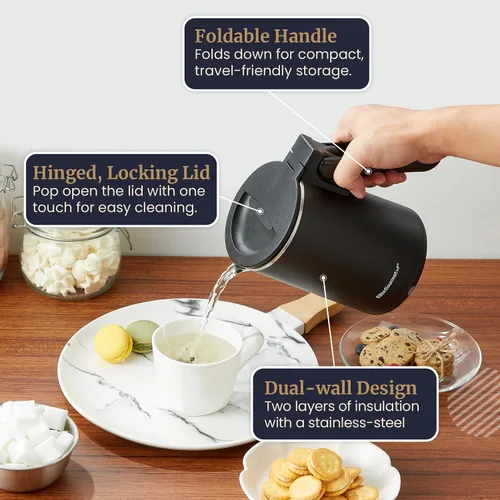 Miniatura 5 de Elite Gourmet - Hervidor eléctrico de doble voltaje 120-230V, viaje con aislamiento de doble pared de tacto frío, 0.6L, hervidor eléctrico de acero