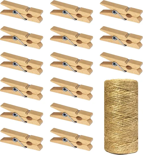 Miniatura 9 de Mini pinzas de madera natural con cordel de yute, 100 unidades, 1.4 pulgadas, clips para manualidades con cordel natural de 320 pies para álbumes