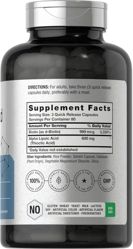 Miniatura 2 de Horbäach Ácido alfa lipoico de 600 mg 240 cápsulas con optimizador de biotina Suplemento sin OMG y sin gluten