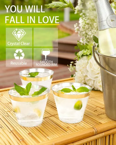 Miniatura 8 de Ciaell 300 vasos de plástico dorados – Vasos de plástico resistentes de 9 onzas – Copa desechable con borde dorado – Taza de vino transparente
