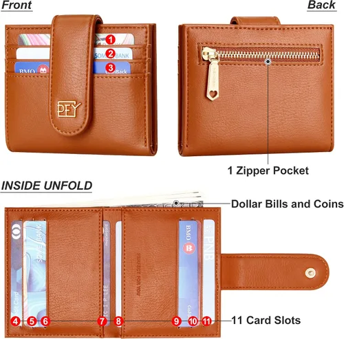Miniatura 6 de Badiya Billeteras pequeñas para mujer, plegable, multitarjeta, delgada, tarjetero con cremallera, Marrón, Minimalista