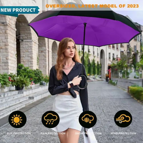 Miniatura 136 de MRTLLOA - Paraguas invertido de gran tamaño de 40/49/56 pulgadas - Sombrilla doble capa resistente al viento, con mango en forma de C y tamaño golf