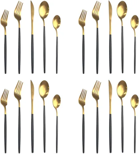 Miniatura 10 de Juego de cubiertos de 5 piezas, Uniturcky, de acero inoxidable negro y dorado, utensilios para comer con cuchillo, tenedor, cuchara para el hogar