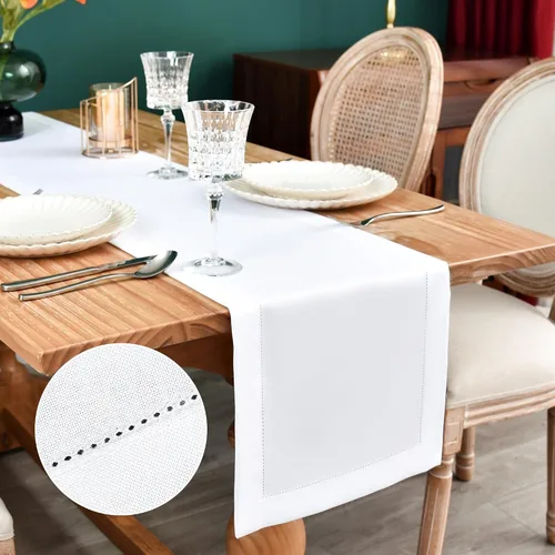 Miniatura 8 de NEWISHER Camino de mesa rústico de lino sintético con borde de vainica, decoración de mesa rectangular beige sólido para comedor, mesa auxiliar