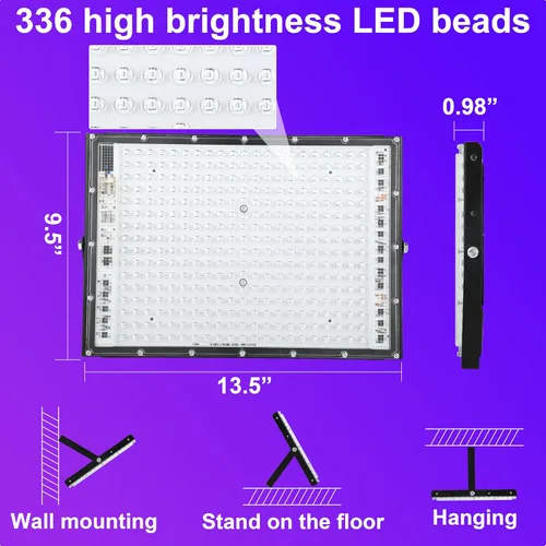 Miniatura 4 de Paquete de 2 luces negras de 300W con 336 LEDs, lámpara UV de luz negra para fiestas fluorescentes, 395nm, accesorio de luz negra IP65