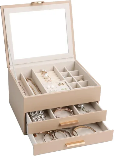Miniatura 2 de Elegant Gift Jewelry Box with Mirror - 3-Layer Organizer for Earrings, Rings, Necklaces, Ready to Give for Birthday Anniversary Christmas Apricot