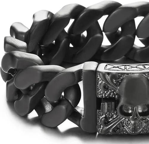 Miniatura 3 de COOLSTEELANDBEYOND Pulsera de cadena de acero cepillado vintage grande para hombre con flor de lis y calavera