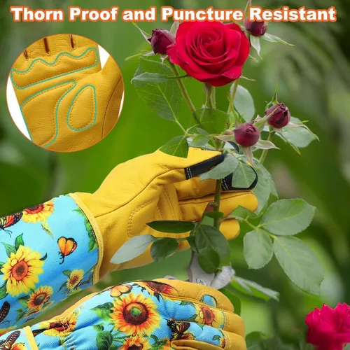 Miniatura 5 de DLY Guantes de jardinería para mujeres, guantes para rosas resistentes a espinas, guantes largos de jardín para mujeres, guantelete de cuero vacuno