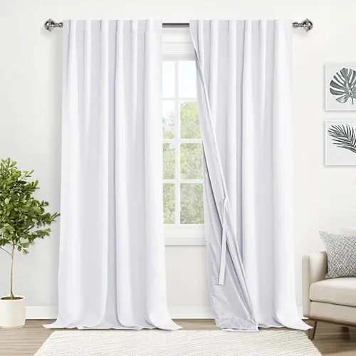 Miniatura 54 de XWZO Cortinas blancas 100% opacas con alzapaños, 2 capas gruesas completamente sombreadas con bolsillo para barra y pestaña trasera, cortinas