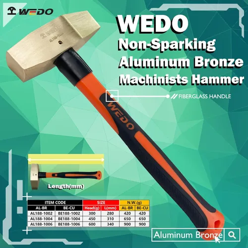 Miniatura 2 de WEDO Martillo de maquinistas sin chispas, martillo de chapa de 1.1 lb/450g, martillo de cruz Peen, longitud 12.205 in, mango de fibra de vidrio