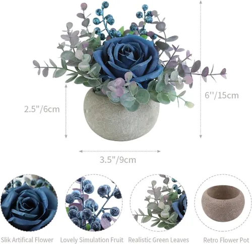 Miniatura 2 de Decoración de rosas artificiales en maceta, mini plantas de imitación para decoración de interiores, rosas falsas para el hogar, baño, cocina