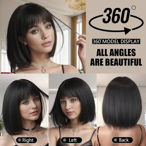 Miniatura 4 de Pelucas de pelo corto negro natural para mujeres con flequillo, 12 pulgadas, lacio, sintético, cosplay, fiesta de Halloween, peluca para niñas, uso