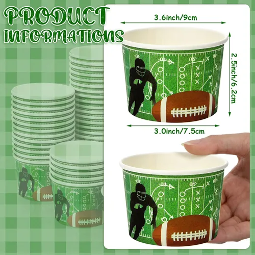 Miniatura 3 de Cuencos de fútbol para el día del juego, vasos de papel de 9 onzas y cubo desechable para cena en el portón trasero (48 piezas, estilo genial)