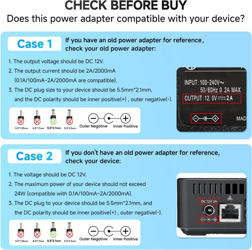 Miniatura 8 de Adaptador de fuente de alimentación de 12 V, 2 A, 6 pies, CA a CC 24 W, 2000 mA, 1500 mA, 1000 mA, 500 mA, cable de alimentación de repuesto