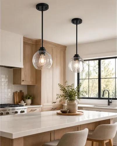 Miniatura 26 de Luces Colgantes de Latón para Isla de Cocina Paquete de 2, Luz Colgante Dorada Estilo Granja con Pantalla de Globo de Vidrio Transparente